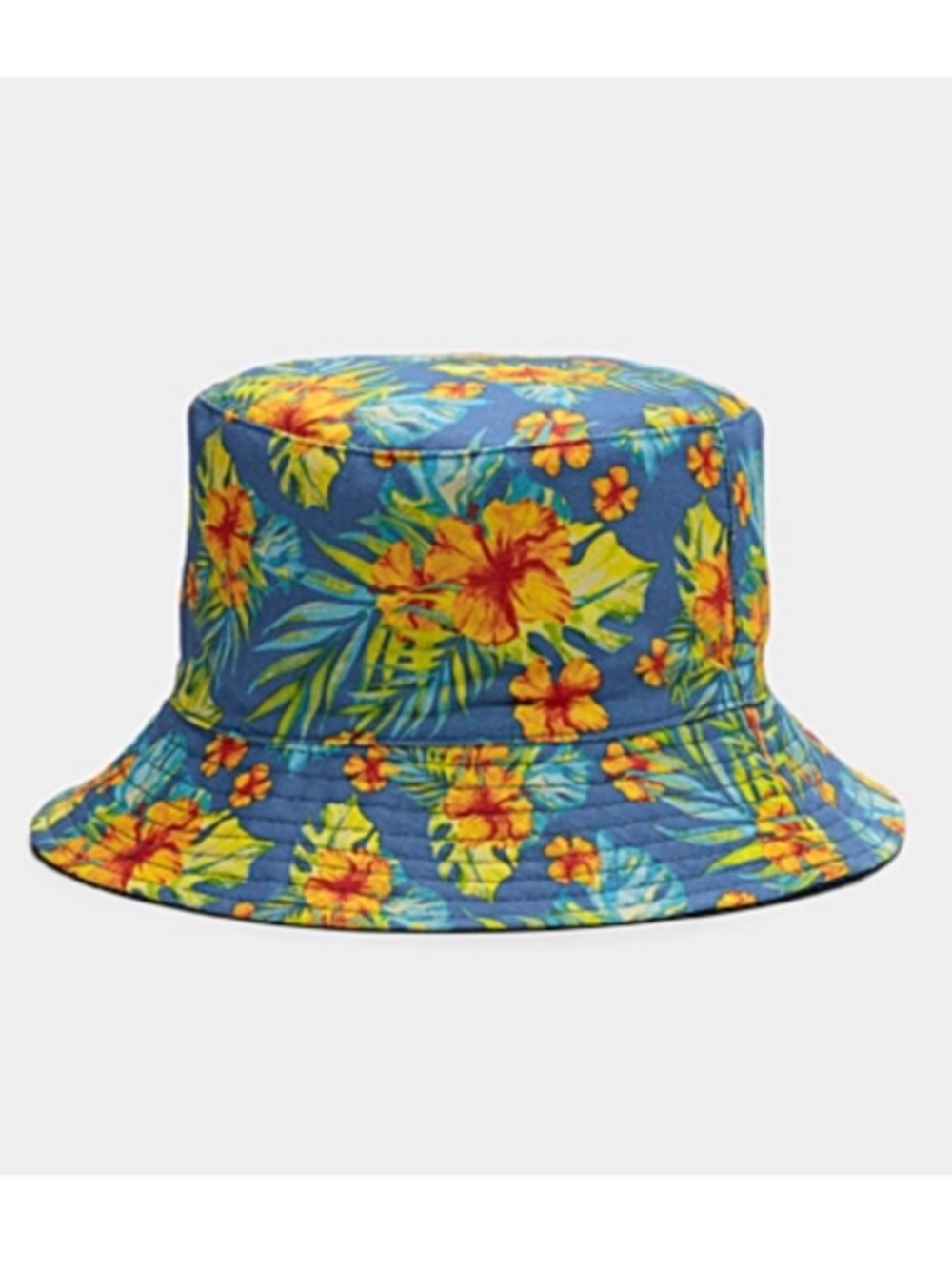 Blue and orange unisex 100% cotton reversible hibiscus bucket hat NWT